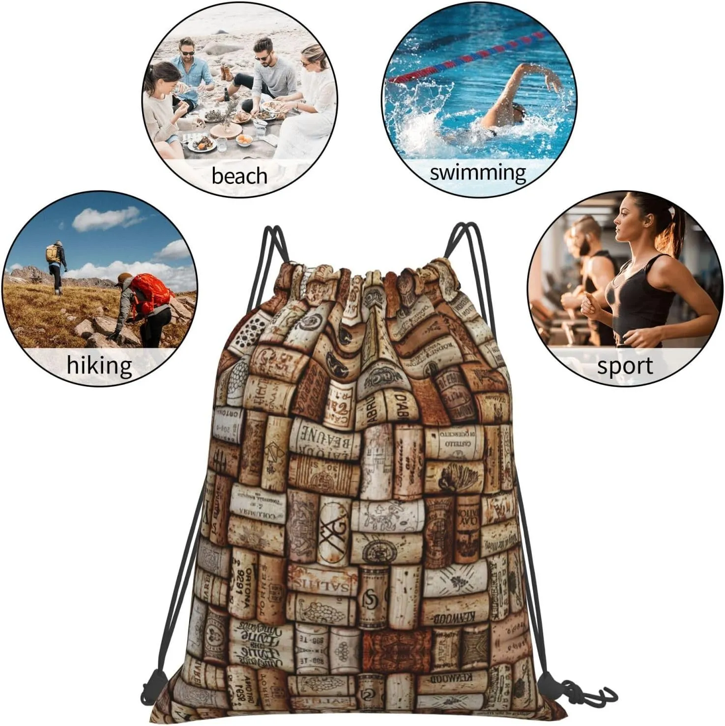 Wine Cork Drawstring Backpack Sports Gym Bag String Cinch Pouch For Daily Use