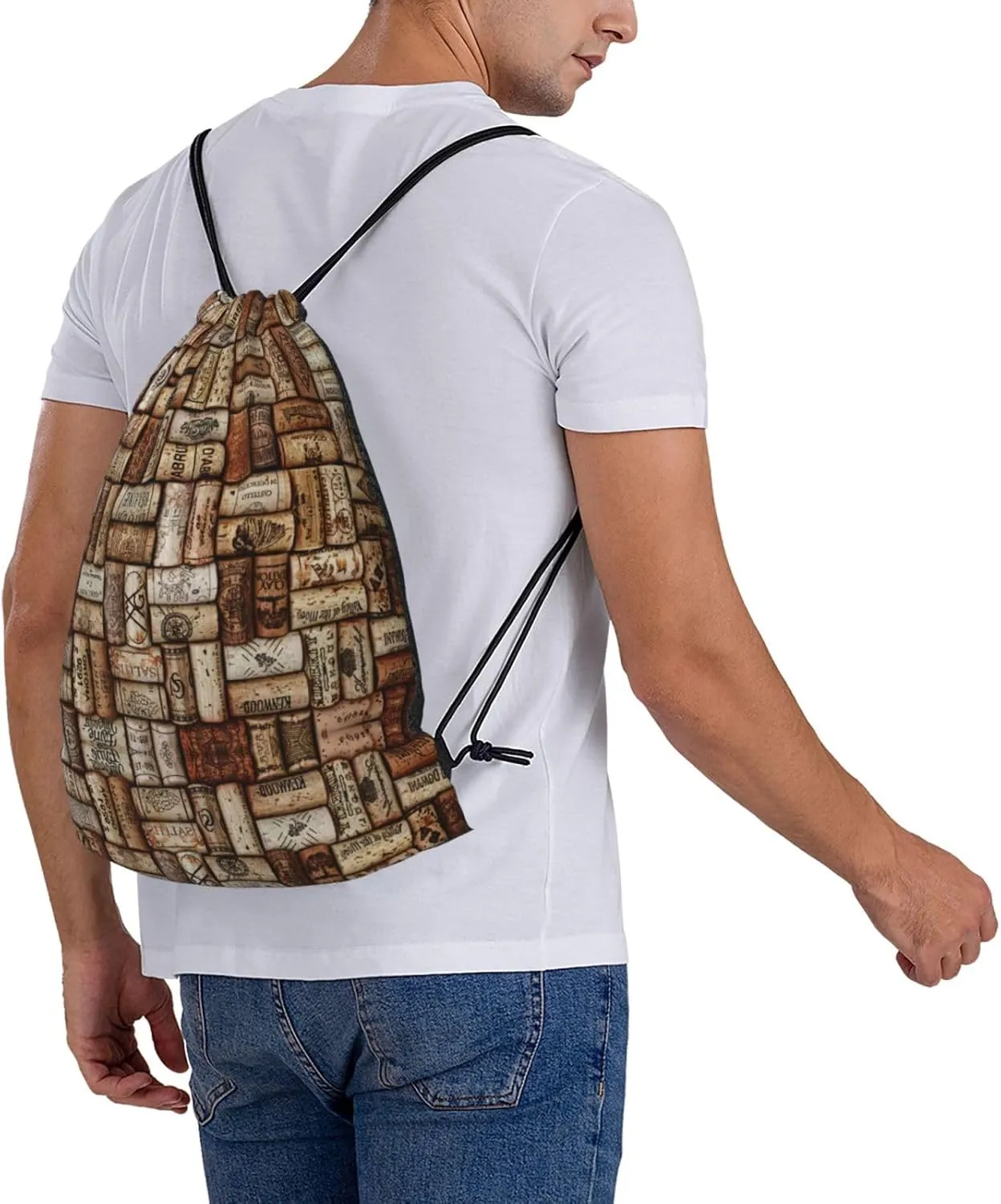 Wine Cork Drawstring Backpack Sports Gym Bag String Cinch Pouch For Daily Use