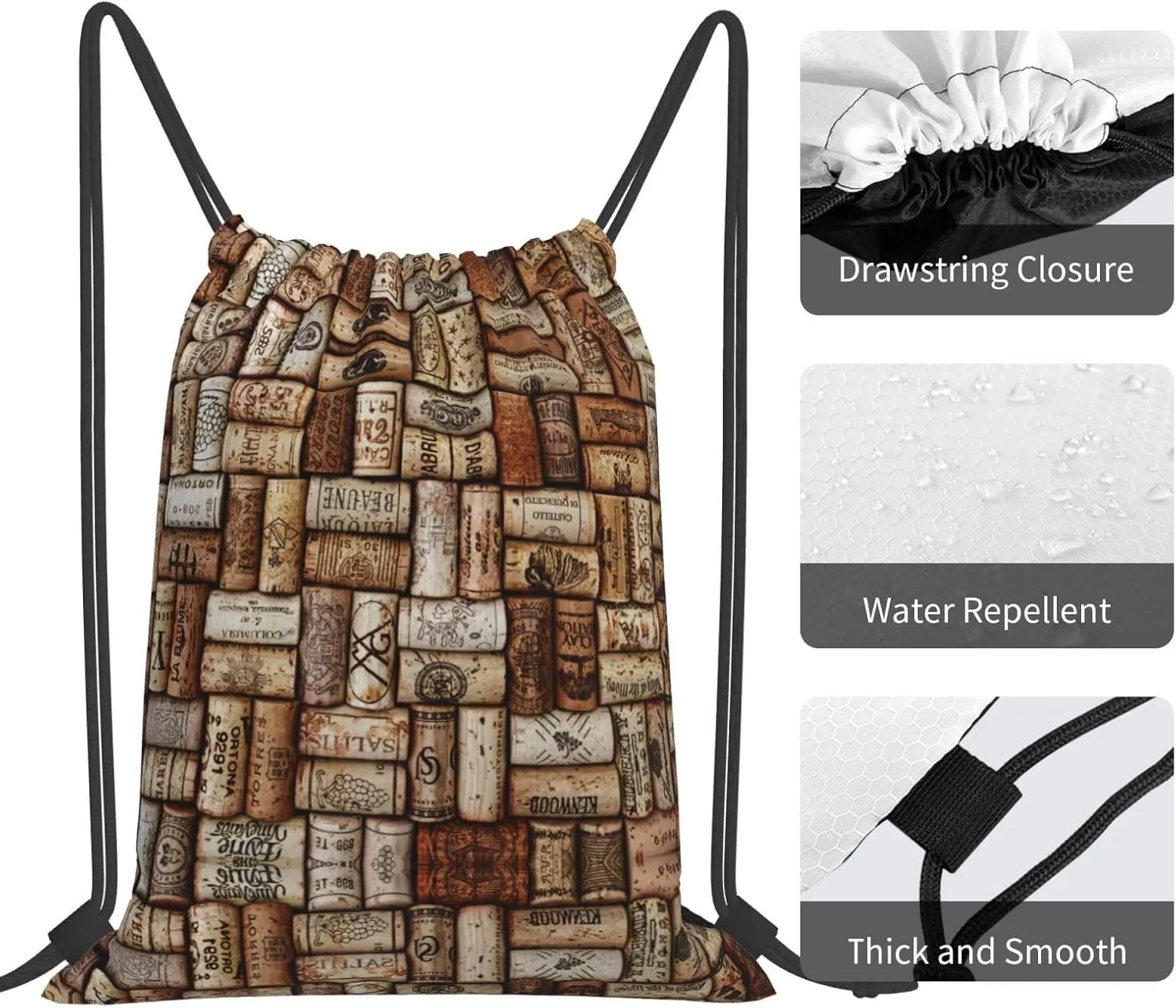 Wine Cork Drawstring Backpack Sports Gym Bag String Cinch Pouch For Daily Use