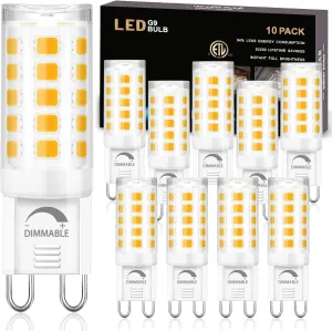 winshine 10 Pack Dimmable G9 LED Light Bulb 3000K Warm White, 4W G9 Base Chandelier Light Bulb Soft White, T4 40Watt Halogen Replacement G9 Bi Pin Base, CRI85 120V 360° Beam Angle