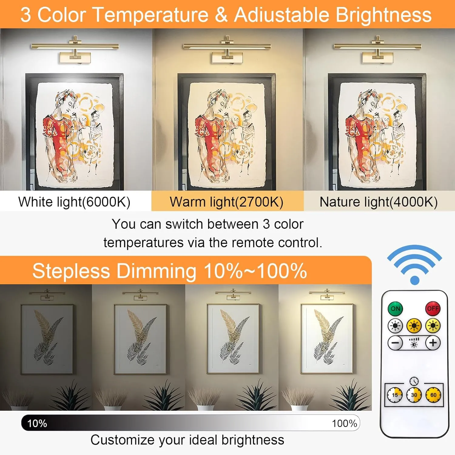 Wireless Picture Lights for Wall Rechargeable, Battery Operated Art Light for Paintings, 3CCT Dimmable, 15.7" Brass Finish with Remote, Rotatable Gallery Light for Pictures Display