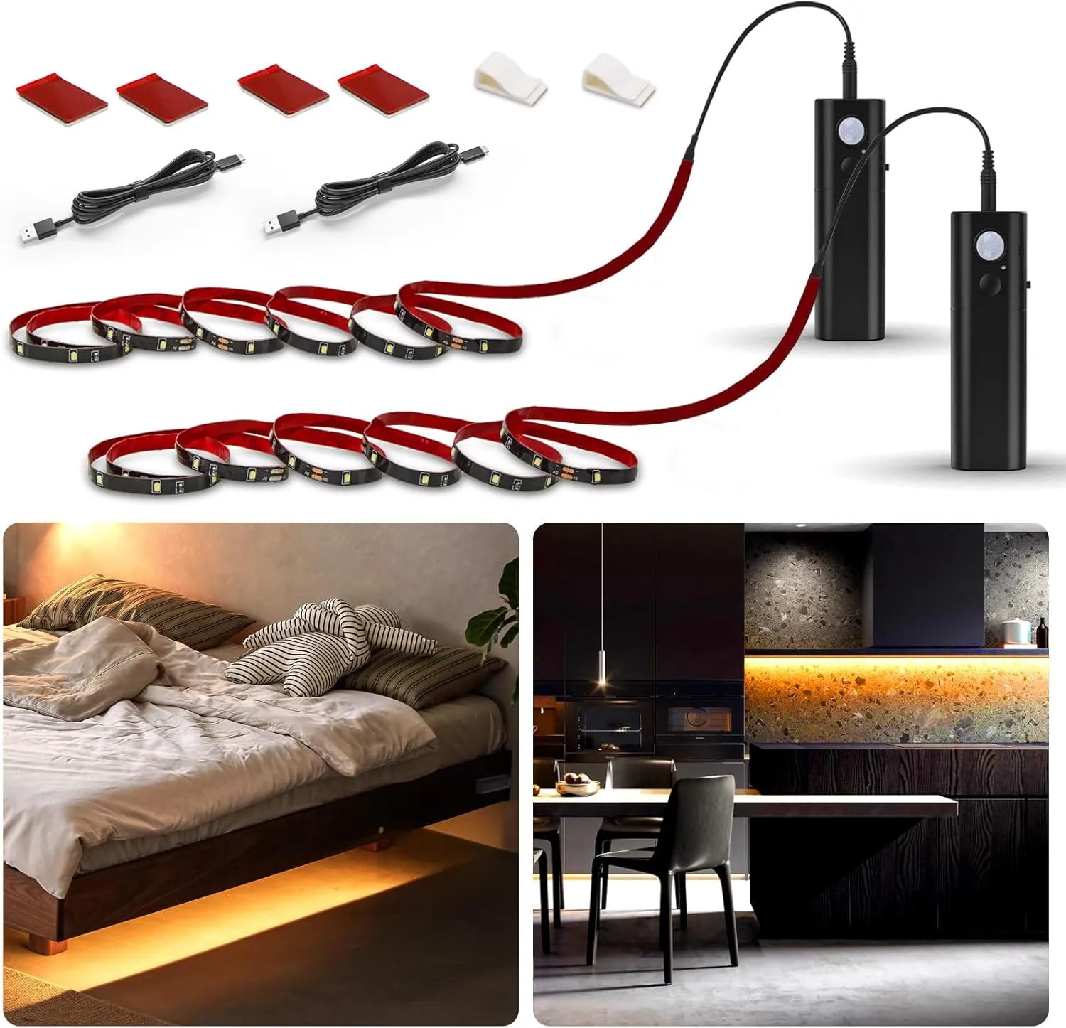 WOBANE Rechargeable Motion Sensor Strip Light, LED Closet Lights, Upgraded Battery Operated LED Strip Light for Wardrobe,Stair,Pantry,Cabinet,Cupboard,Bed,Locker,2700K Warmwhite,Black,6.56ft,2 Pack
