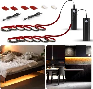WOBANE Rechargeable Motion Sensor Strip Light, LED Closet Lights, Upgraded Battery Operated LED Strip Light for Wardrobe,Stair,Pantry,Cabinet,Cupboard,Bed,Locker,2700K Warmwhite,Black,6.56ft,2 Pack