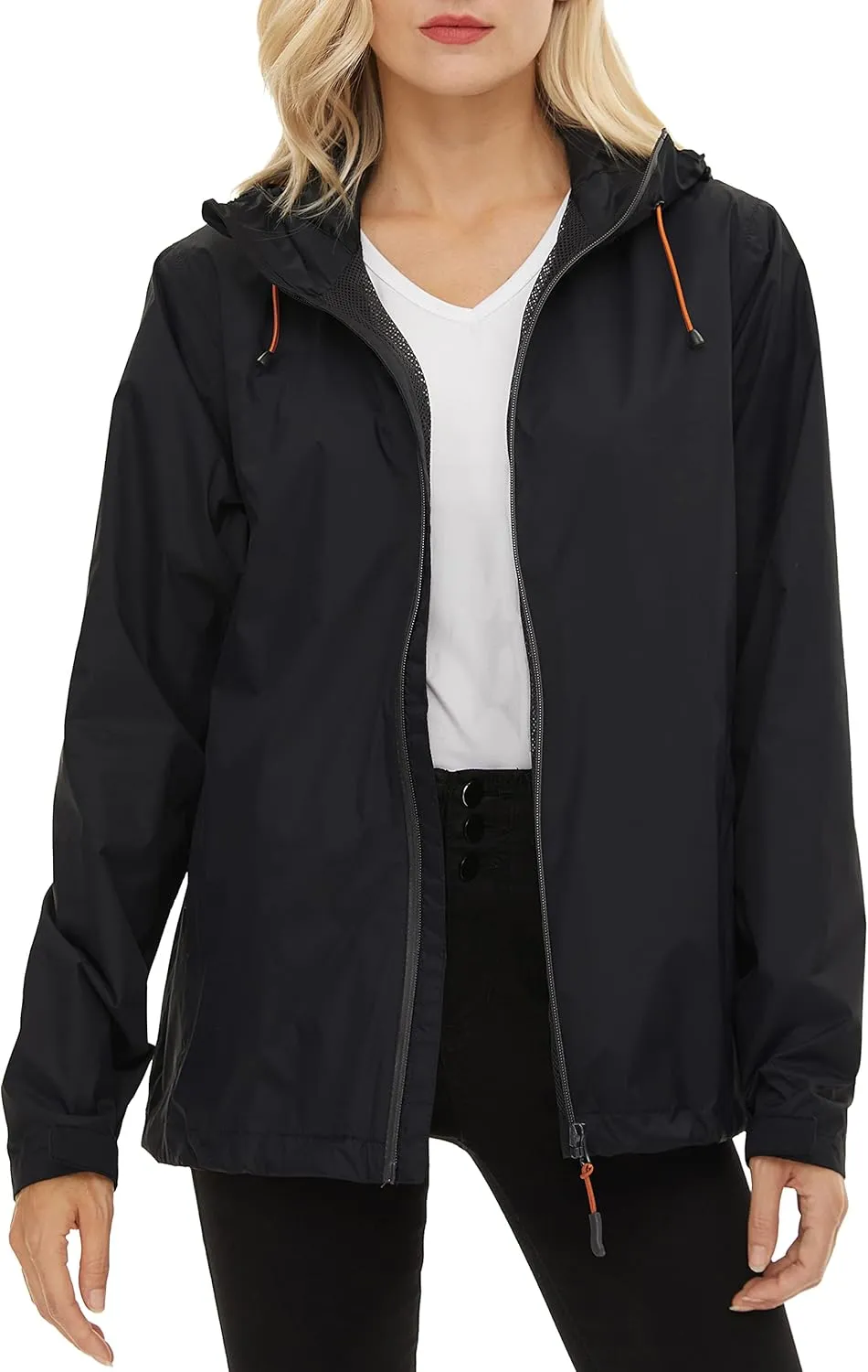 Women's Rain Jacket Lightweight Waterproof Rain Coat with Hooded Windproof Adjustable Windbreaker