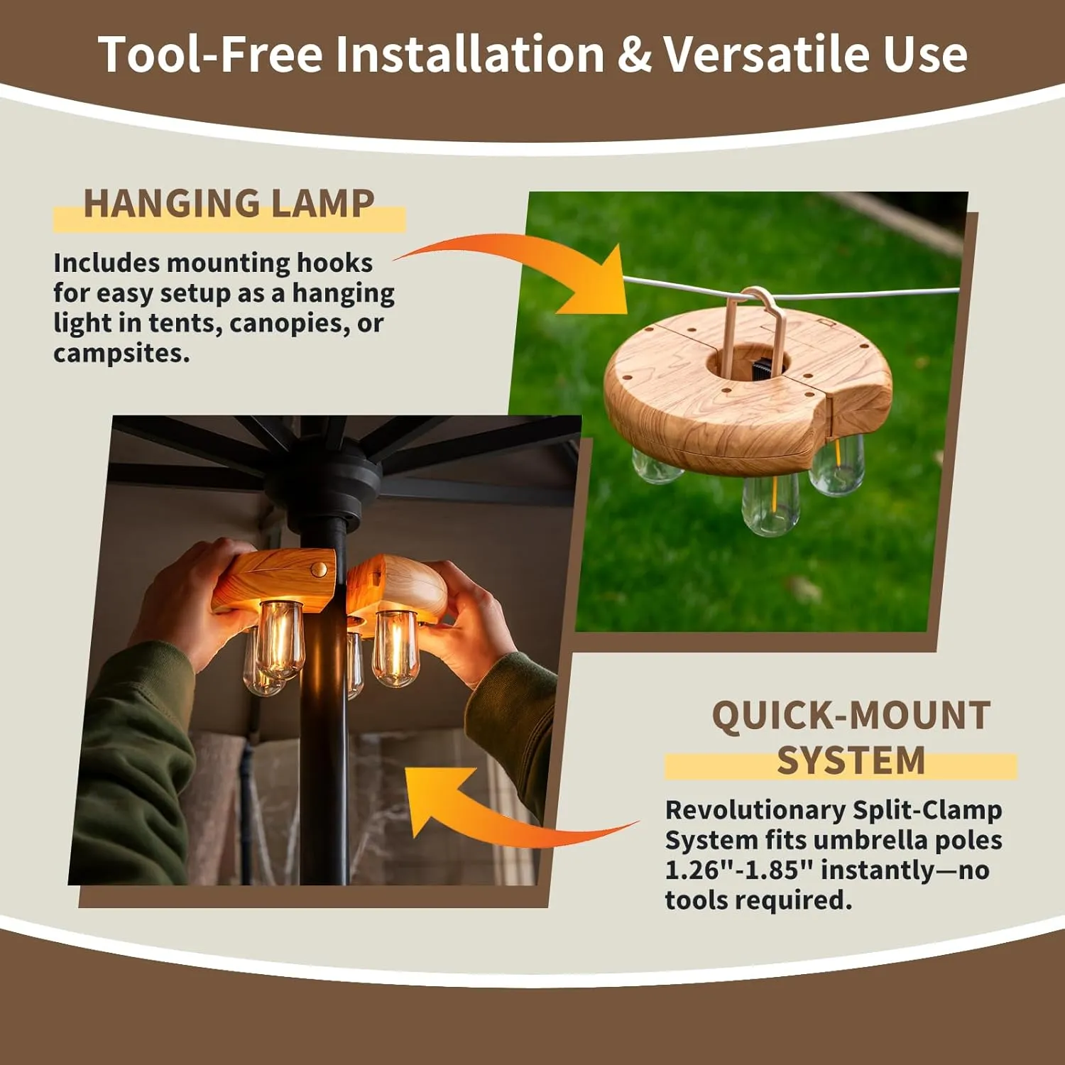 Wood Grain Patio Umbrella Light with Remote Control, Rechargeable Cordless LED Edison Bulbs Pole Light with 10 Brightness Levels for Garden, Patio, Backyard, Camping or BBQ (2 Pack)