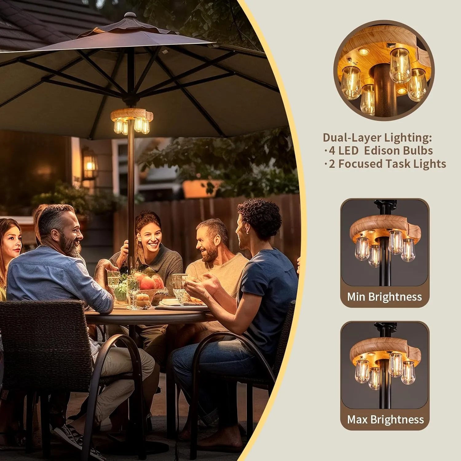 Wood Grain Patio Umbrella Light with Remote Control, Rechargeable Cordless LED Edison Bulbs Pole Light with 10 Brightness Levels for Garden, Patio, Backyard, Camping or BBQ (2 Pack)