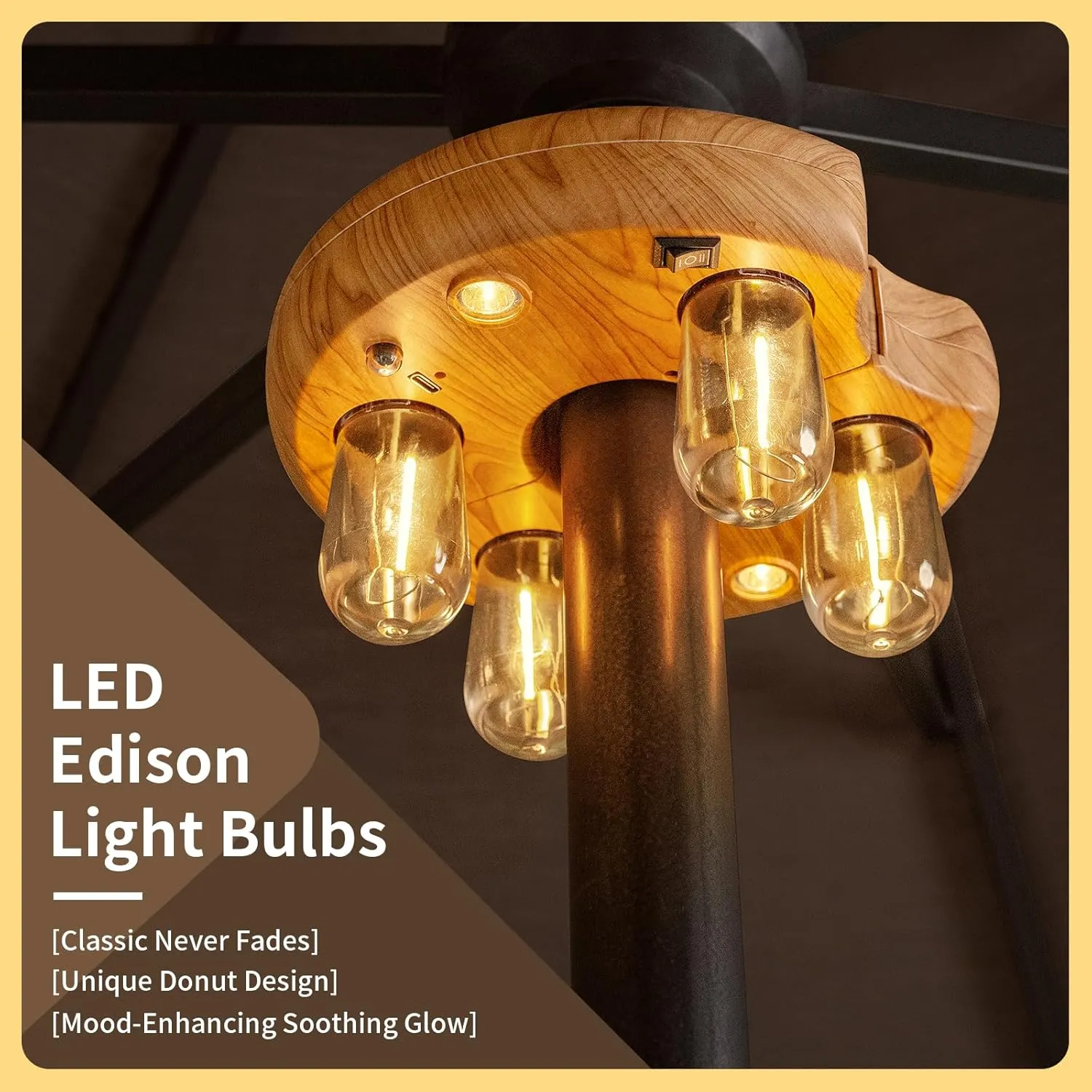 Wood Grain Patio Umbrella Light with Remote Control, Rechargeable Cordless LED Edison Bulbs Pole Light with 10 Brightness Levels for Garden, Patio, Backyard, Camping or BBQ (2 Pack)