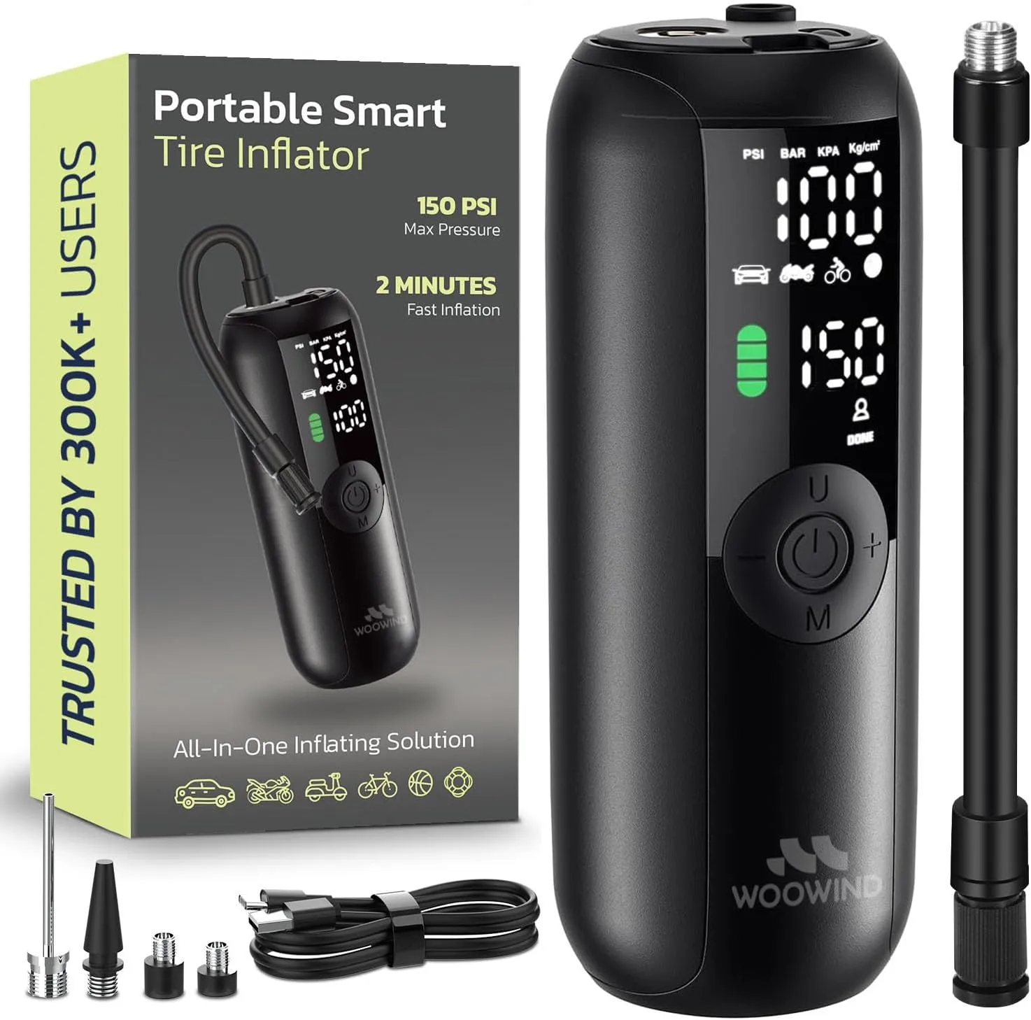 Woowind Tire Inflator Portable Air Compressor, Electric Bike Tire Pump with Gauge, Air Pump for Car Tires, 150PSI, Mobile Air Compressor for Car, Motorcycle, Electric Bike