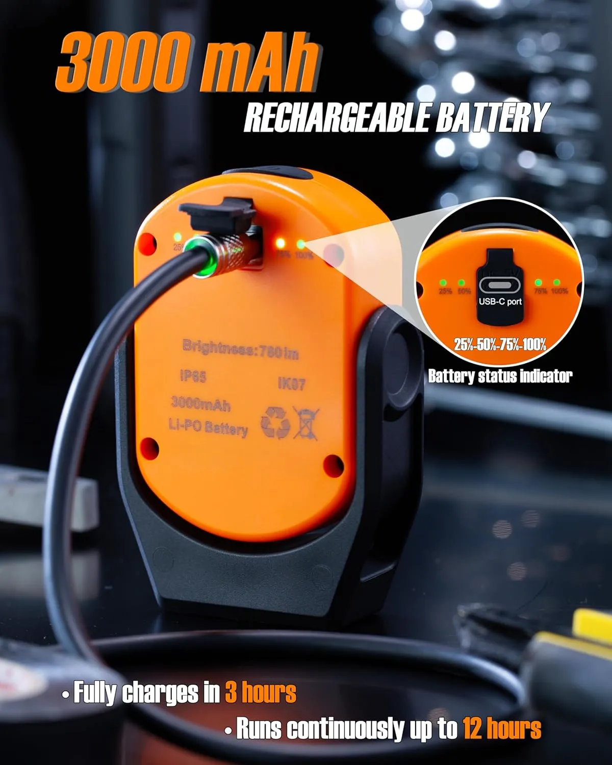 Work Light, Magnetic Light with 3 Modes & 360° Pivoting Head, 780 Lumen Rechargeable Pocket Light for Mechanics, Jobsites and Emergency (Orange)