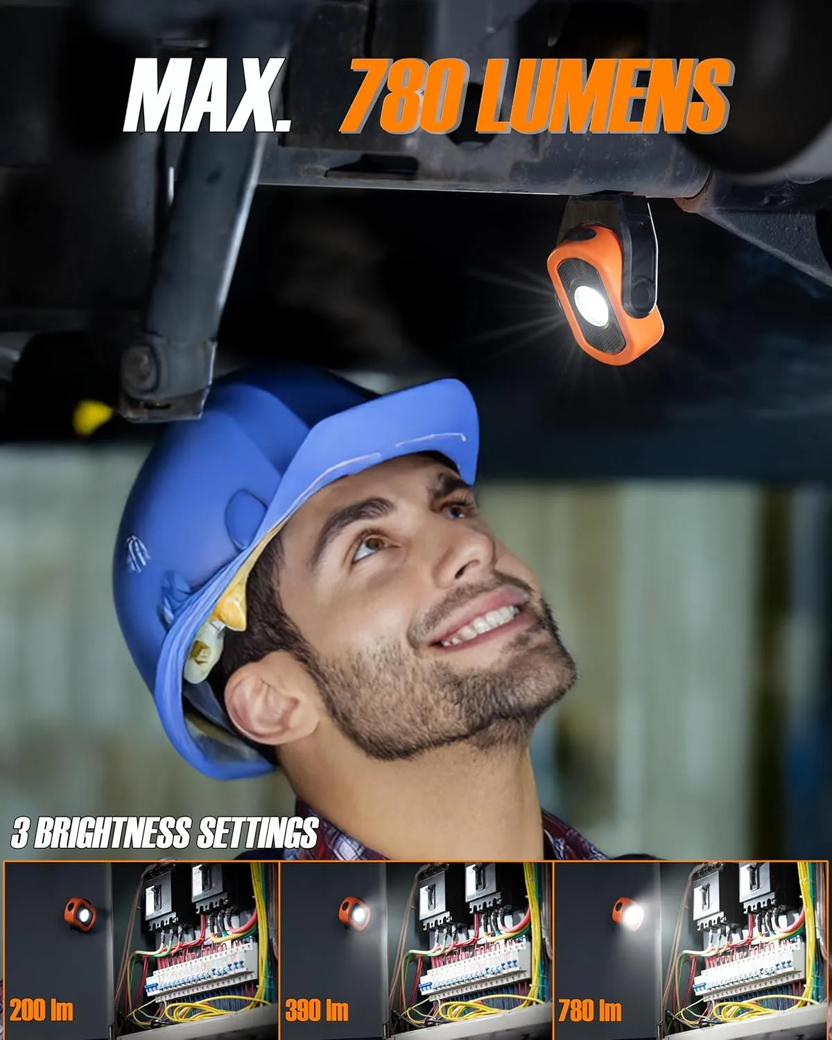 Work Light, Magnetic Light with 3 Modes & 360° Pivoting Head, 780 Lumen Rechargeable Pocket Light for Mechanics, Jobsites and Emergency (Orange)