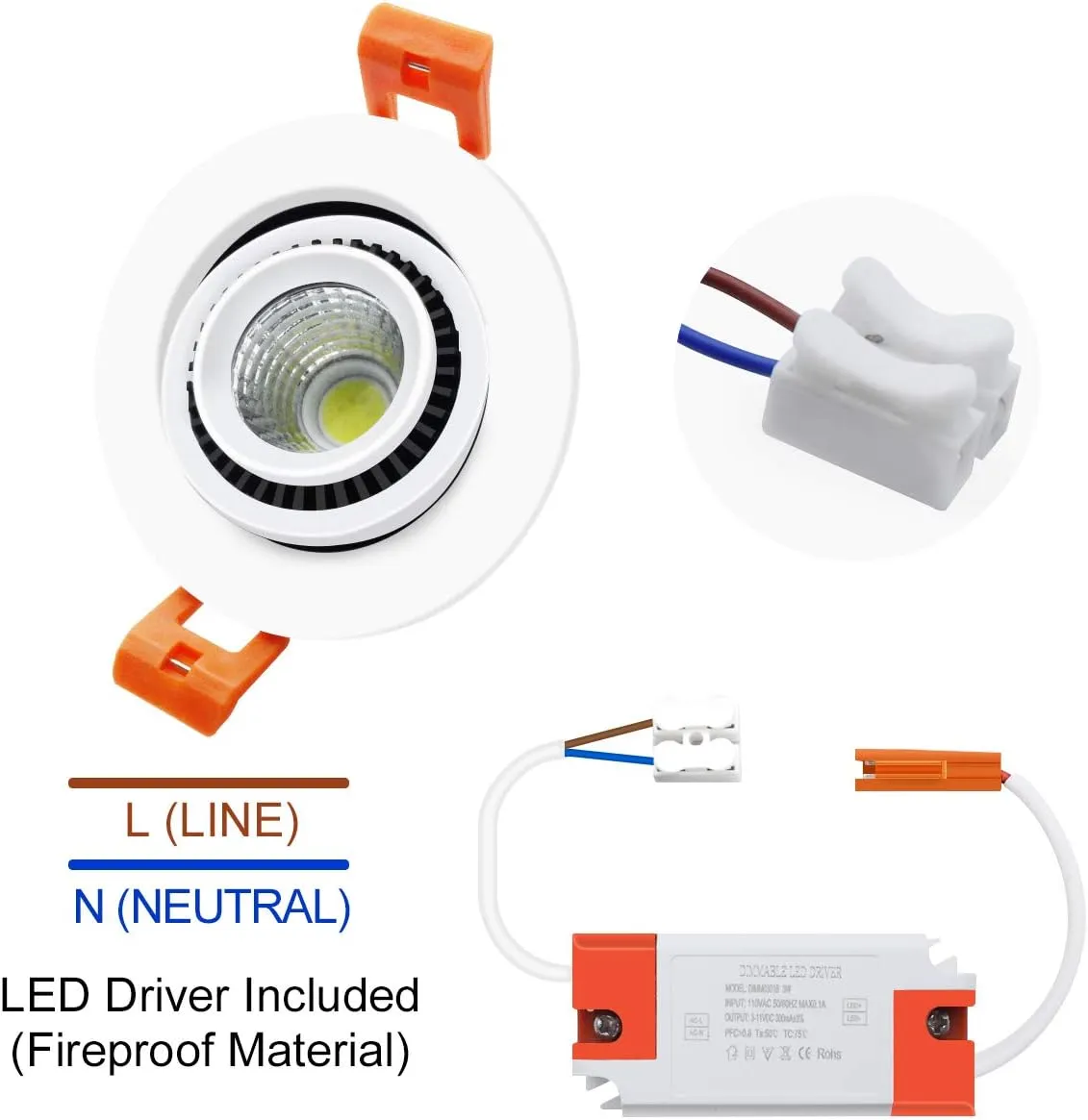 YGS-Tech 2 Inch Eyeball Gimbal LED Recessed Lighting Dimmable Downlight, 3W (35W Halogen Equivalent) Adjustable Spotlight, 3000K Warm White, CRI80, Ceiling Light with LED Driver (4 Pack)