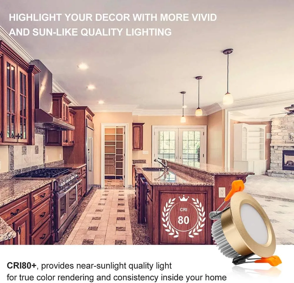 YGS-Tech 2 Inch LED Recessed Lighting, Dimmable Downlight 3W(35W Halogen Equivalent), 3000K Warm White Ceiling Light, CRI80, Gold Trim with LED Driver(4 Pack)