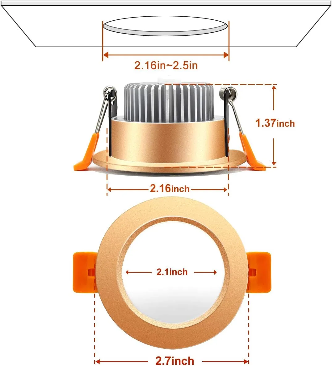 YGS-Tech 2 Inch LED Recessed Lighting, Dimmable Downlight 3W(35W Halogen Equivalent), 4000K Natural White Ceiling Light, CRI80, Gold Trim with LED Driver(4 Pack)