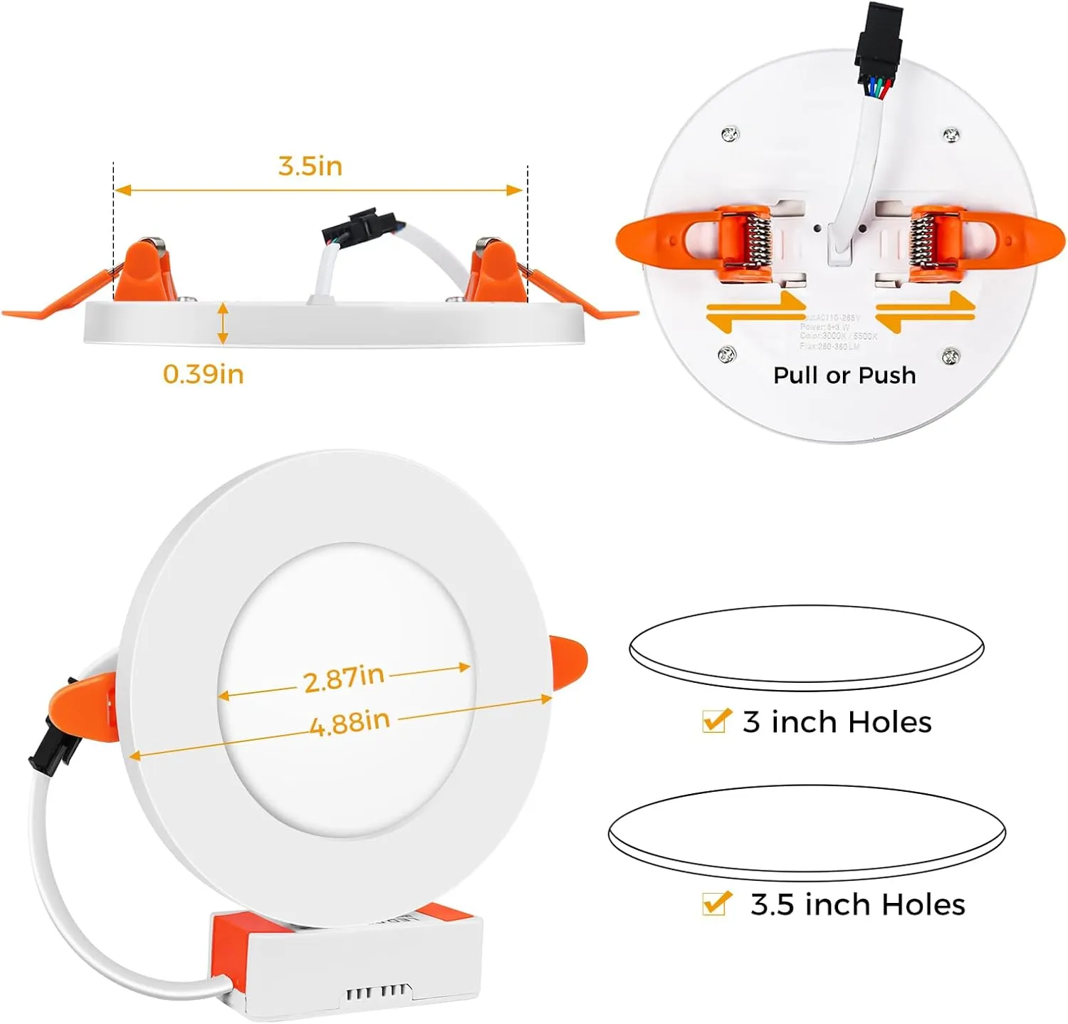 YGS-Tech LED Recessed Lighting with Night Light 3.5 Inch, Ultra-Thin LED Downlight Ceiling Light, 3W 6W Selectable 3000K/6500K, 720LM with Driver, Adjustable Hole 3-3.5in (4 Pack)