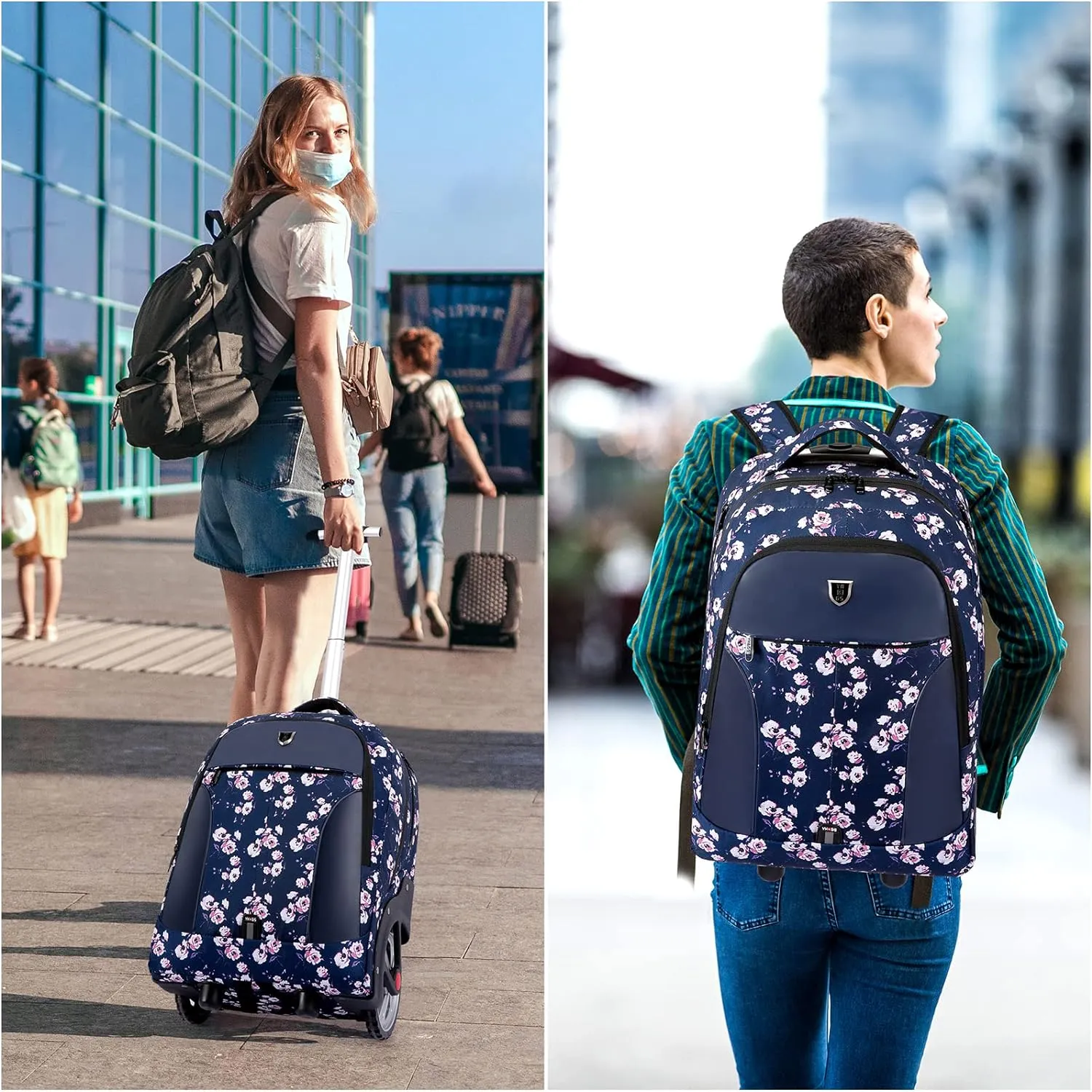 YH&GS Rolling Backpack Floral, Waterproof with Wheels for Business, College Student and Travel Commuter, Carry on Laptop Compartment, Fit 17 Inch Laptop, Wheeled Adults, 20inch