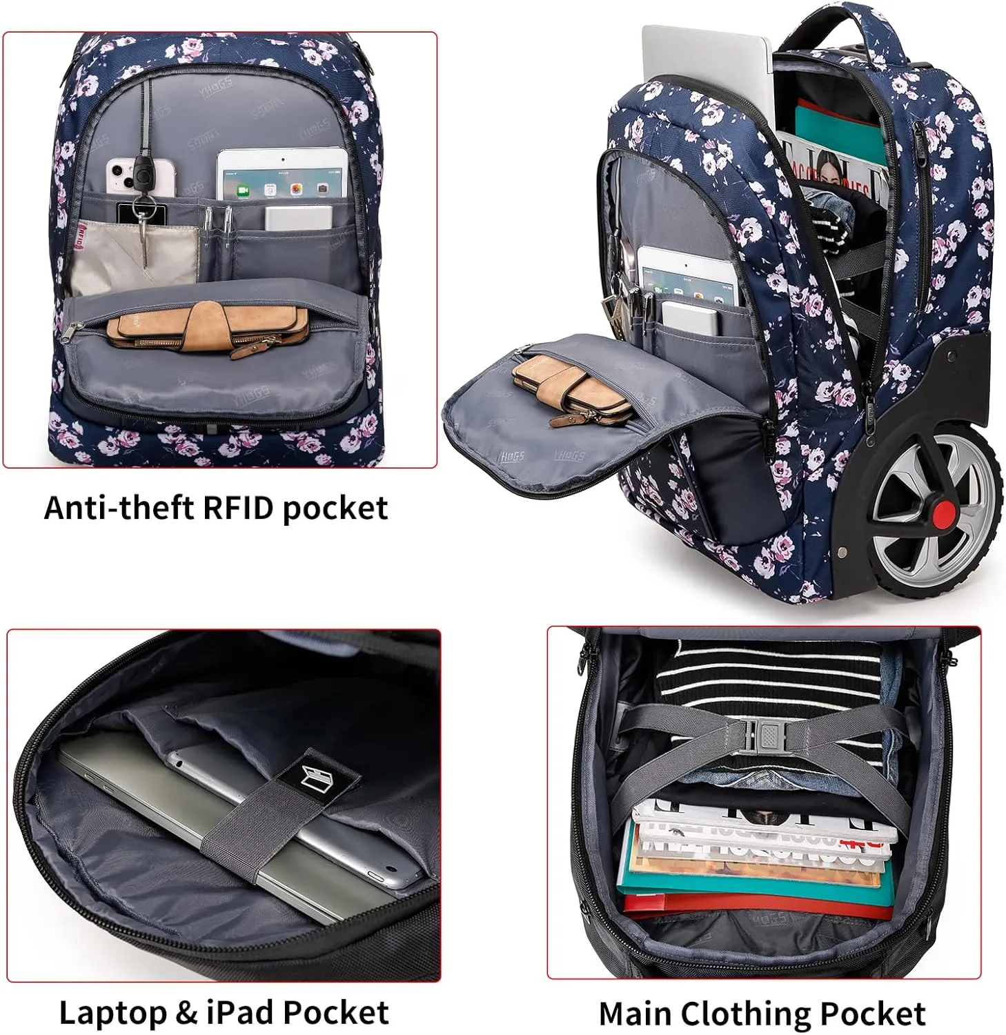 YH&GS Rolling Backpack Floral, Waterproof with Wheels for Business, College Student and Travel Commuter, Carry on Laptop Compartment, Fit 17 Inch Laptop, Wheeled Adults, 20inch