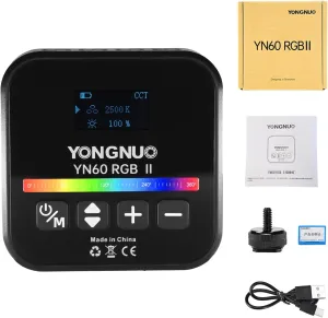 YONGNUO YN60RGB II LED Panel Video Light with OLED Screen, 68pcs LED Lamps 2500-9900K Color Temperature CRI 95  HSI 0-360 Degree, 25 Special Scene Modes, 2000mAh Built-in Lithium Battery