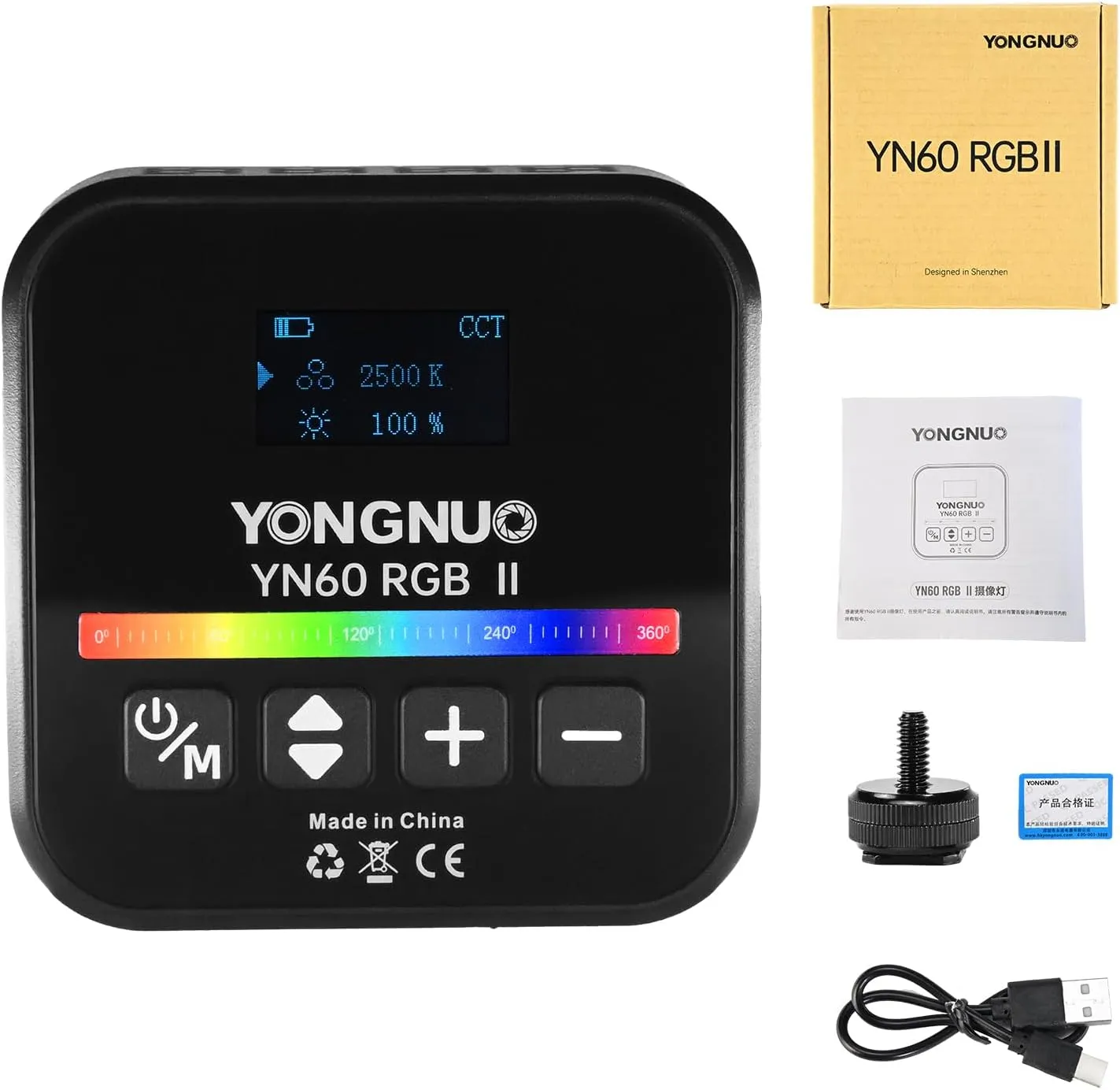 YONGNUO YN60RGB II LED Panel Video Light with OLED Screen, 68pcs LED Lamps 2500-9900K Color Temperature CRI 95  HSI 0-360 Degree, 25 Special Scene Modes, 2000mAh Built-in Lithium Battery