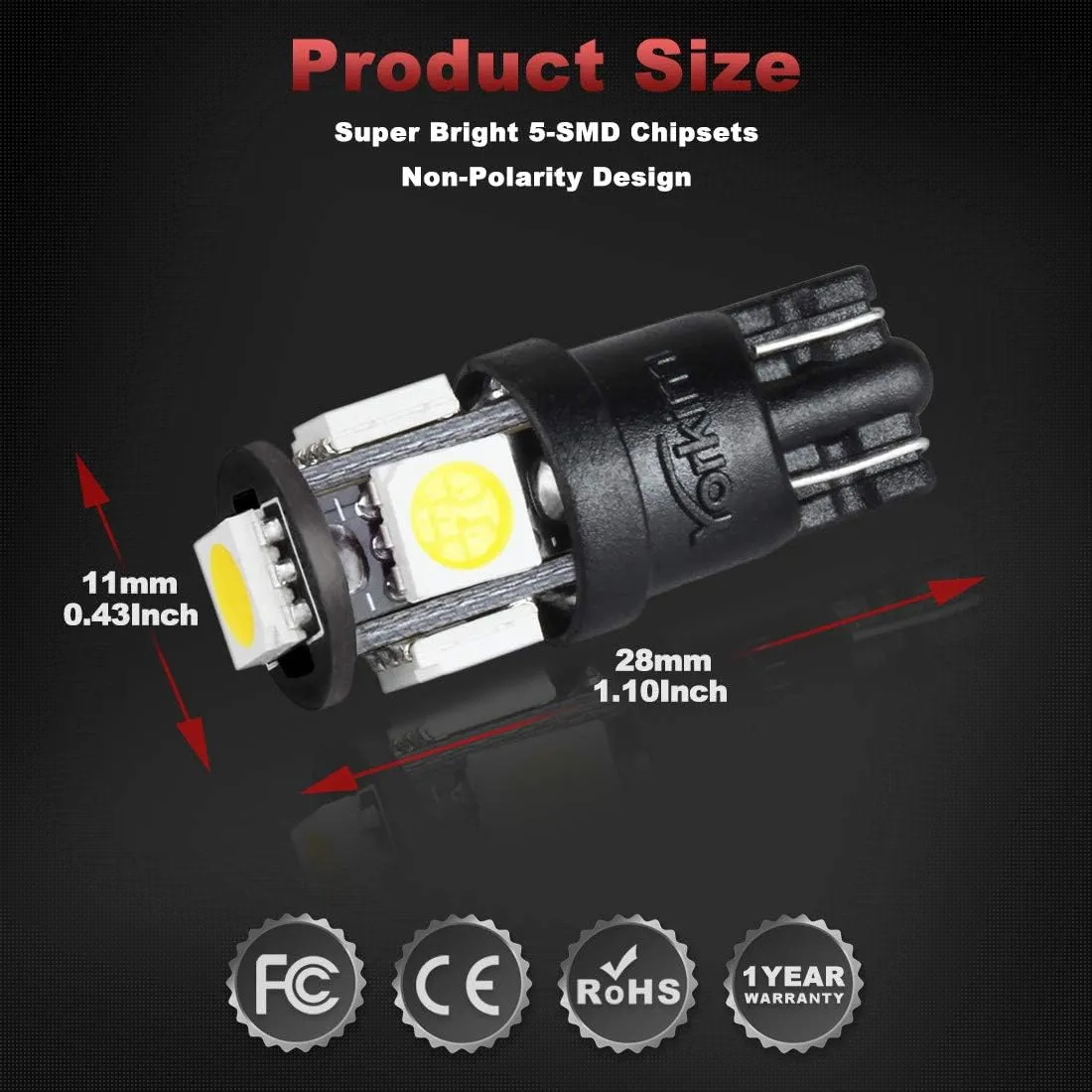 Yorkim T10 LED Bulbs 6500K Xeron White Non Polarity 6th Generation, 194 Interior LED For Car Dome Map Door Marker License Plate Trunk lights 168 W5W 2825 Socket, Pack of 10
