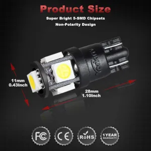 Yorkim T10 LED Bulbs 6500K Xeron White Non Polarity 6th Generation, 194 Interior LED For Car Dome Map Door Marker License Plate Trunk lights 168 W5W 2825 Socket, Pack of 10