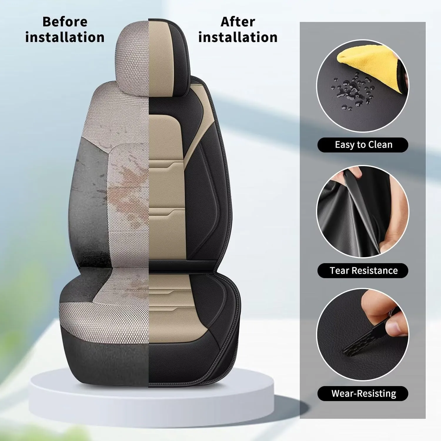 YORKNEIC 2 Front Car Seat Covers for Subaru Crosstrek 2016-2023 2024 2025 Faux Leather Waterproof Seat Covers Automotive Seat Protectors Cushions with Airbag Compatible(2 Front Seat,Black&Beige)
