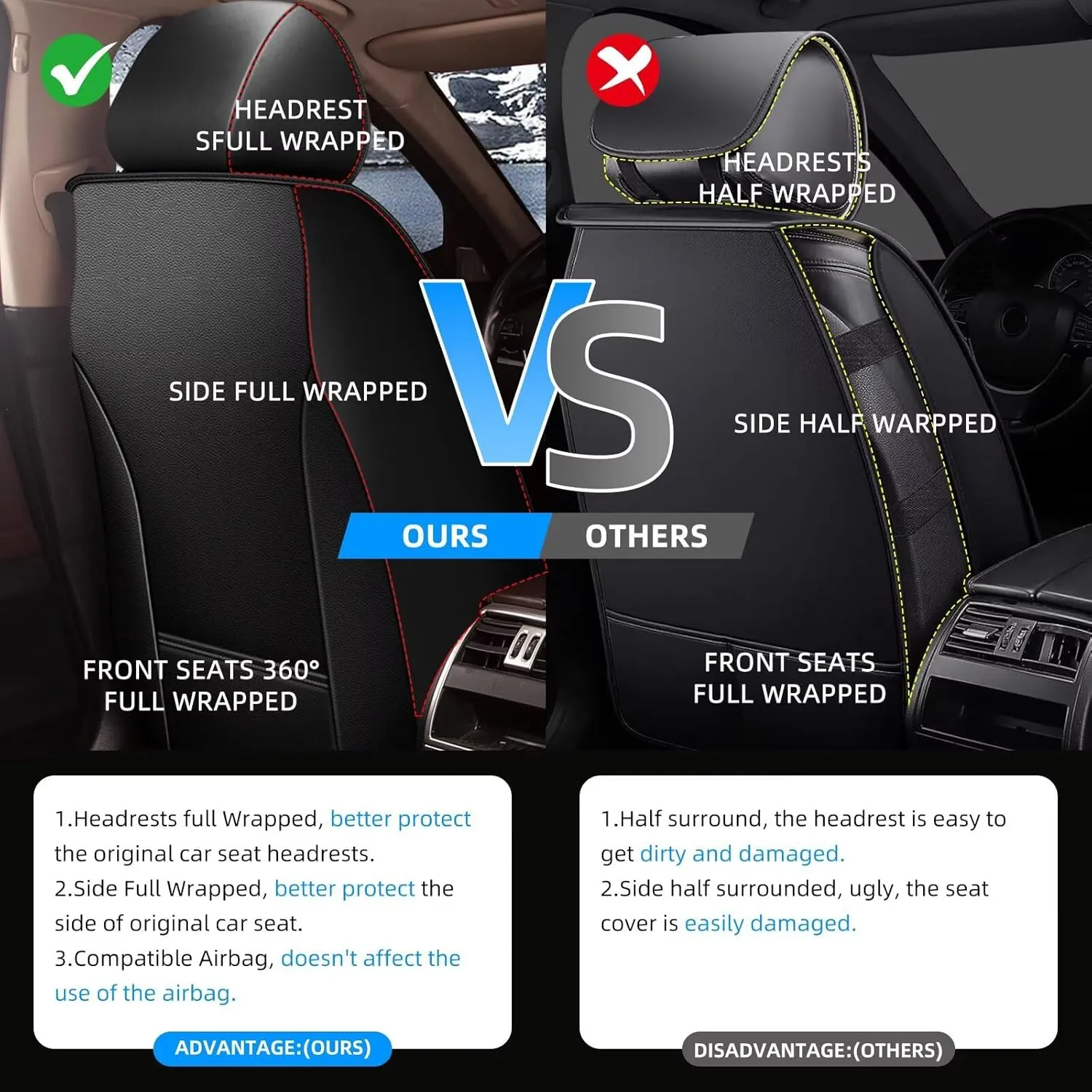 YORKNEIC 2 Front Car Seat Covers for Subaru Crosstrek 2016-2023 2024 2025 Faux Leather Waterproof Seat Covers Automotive Seat Protectors Cushions with Airbag Compatible(2 Front Seat,Black&Beige)