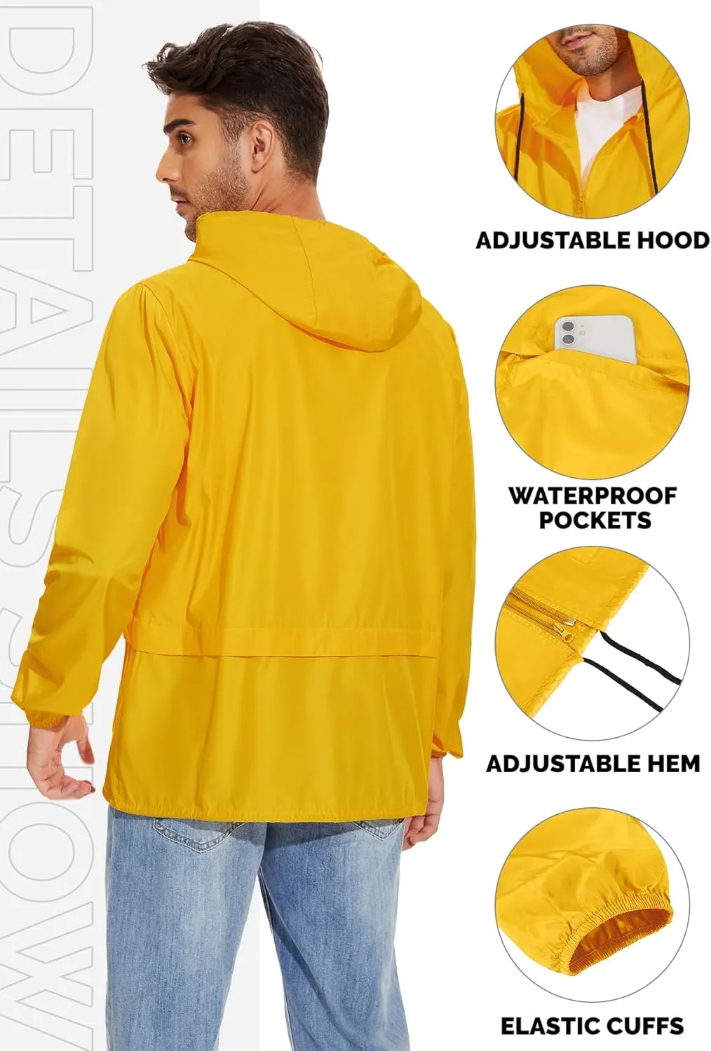Zando Packable Mens Rain Jacket Lightweight Raincoat Waterproof with Hood Outdoor Windbreaker Jacket Travel Rain Jackets