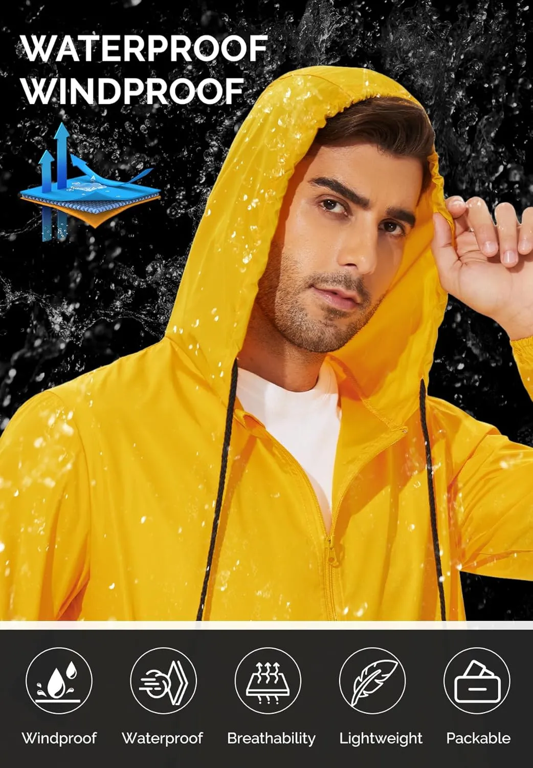 Zando Packable Mens Rain Jacket Lightweight Raincoat Waterproof with Hood Outdoor Windbreaker Jacket Travel Rain Jackets