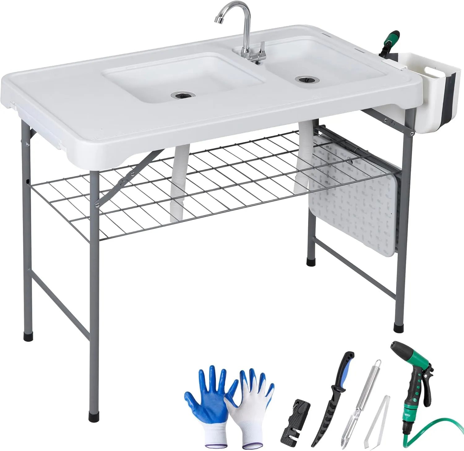 ZENY Fish Cleaning Table with Sink, 42.4" Width Portable Folding Camping Table, Outdoor Fish Cleaning Station with Grid Rack and Fish Cleaning Kit for Picnic