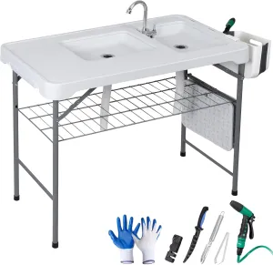 ZENY Fish Cleaning Table with Sink, 42.4" Width Portable Folding Camping Table, Outdoor Fish Cleaning Station with Grid Rack and Fish Cleaning Kit for Picnic