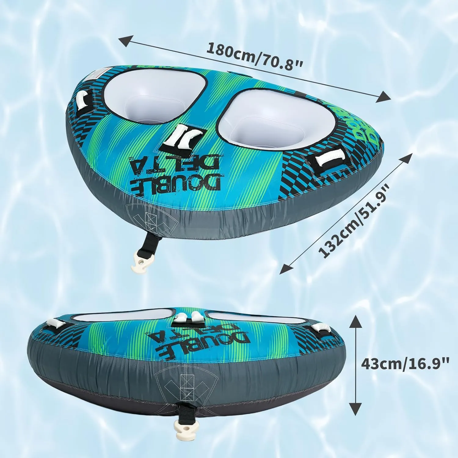 Zeraty 2 Riders Triangle Towable Tube for Kids & Adults, Heavy-Duty Inflatable Water Sports Tube with Boston Valve, Full Nylon Cover, 4 Soft Handles & Reinforced Seats Boat Tubes Water Tube