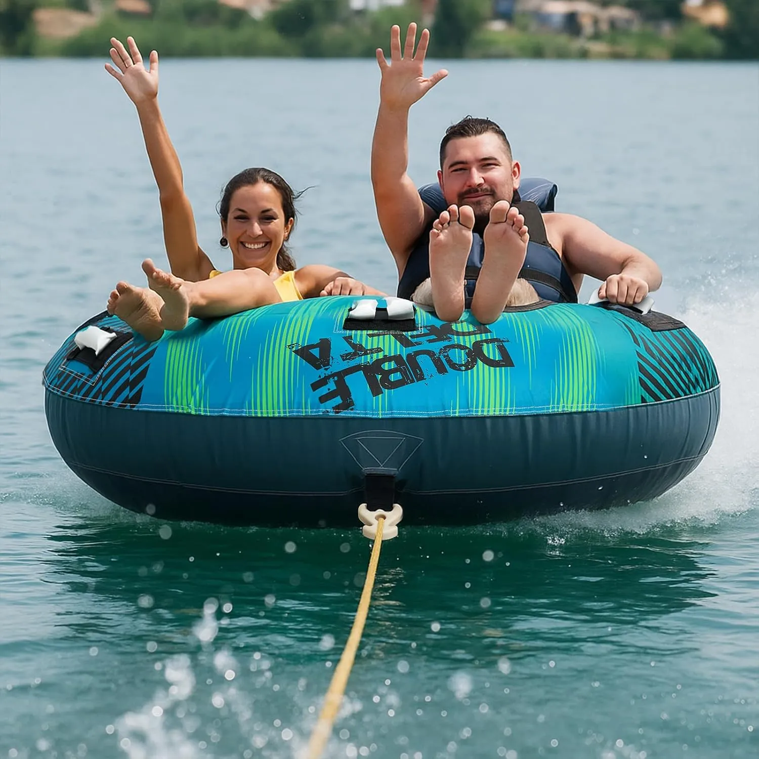 Zeraty 2 Riders Triangle Towable Tube for Kids & Adults, Heavy-Duty Inflatable Water Sports Tube with Boston Valve, Full Nylon Cover, 4 Soft Handles & Reinforced Seats Boat Tubes Water Tube