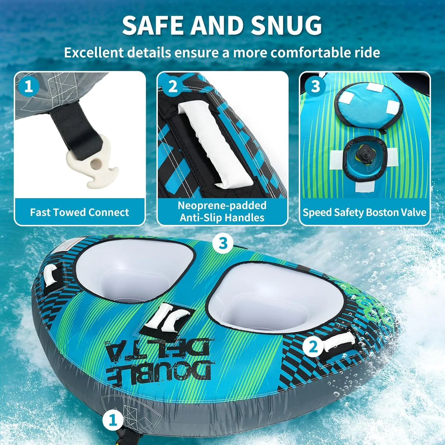 Zeraty 2 Riders Triangle Towable Tube for Kids & Adults, Heavy-Duty Inflatable Water Sports Tube with Boston Valve, Full Nylon Cover, 4 Soft Handles & Reinforced Seats Boat Tubes Water Tube