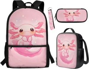 ZFRXIGN Girls Backpack 10-12 Years Old Axolotl Bookbag with Lunch Bag Set Crossbody Bags Pink Schoolbag Pencil Case Kindergarten Elementary School Bag Keychain Decoration