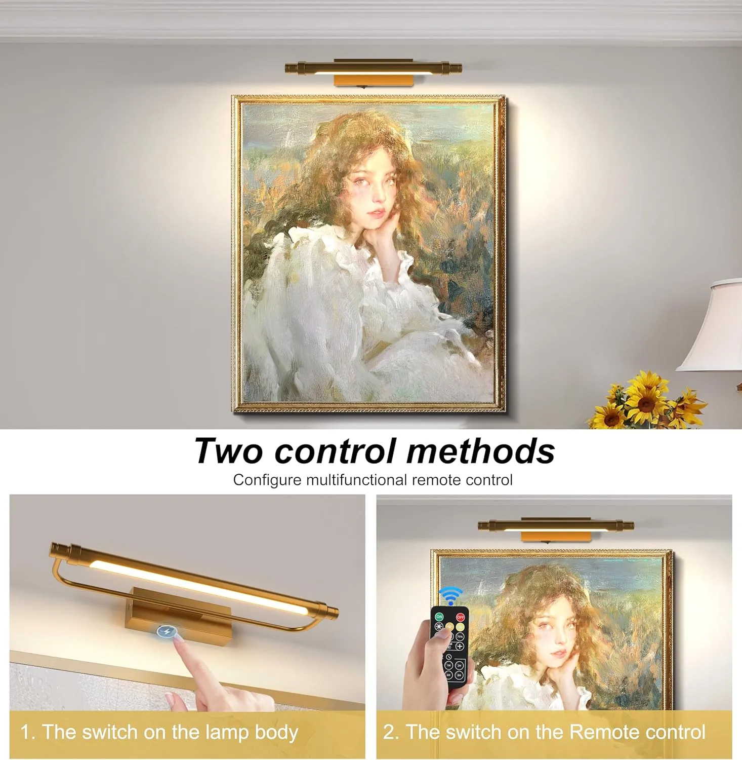 ZitoStory Battery Operated Picture Light with Remote,Wireless Dimmable Art Lights for Paintings Rechargeable Gallery Light Artwork Lighting for Canvas, Portrait (Gold,16'' Inch)