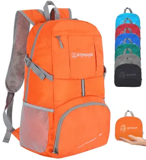 ZOMAKE Lightweight Packable Backpack 35L, Light Foldable Backpacks Water Resistant Collapsible Hiking Bag, Compact Folding Day Pack for Travel Camping(Orange)