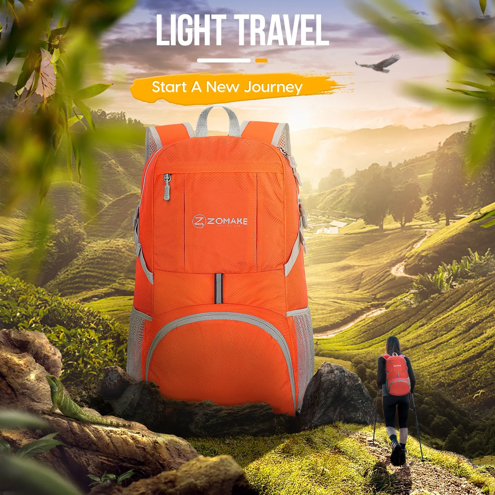 ZOMAKE Lightweight Packable Backpack 35L, Light Foldable Backpacks Water Resistant Collapsible Hiking Bag, Compact Folding Day Pack for Travel Camping(Orange)