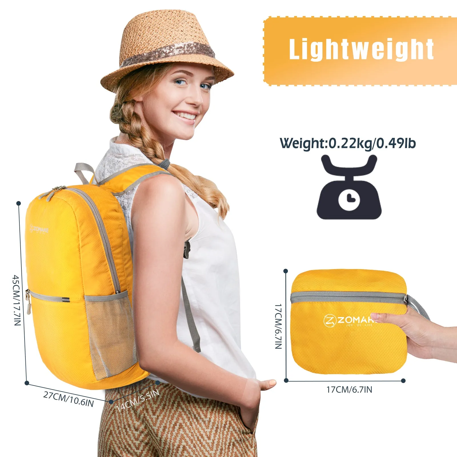 ZOMAKE Ultra Lightweight Hiking Backpack 20L, Packable Small Backpacks Water Resistant Daypack for Women Men(Yellow New)