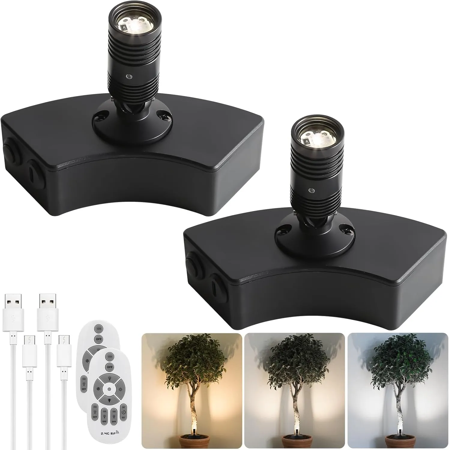 Zoomable Spot Lights Indoor, Wireless Rechargeable Spotlight, Uplighting Indoor with Remote Control, Battery Operated Spotlight for Accent Lighting Tree Pictures Display (2Pack)